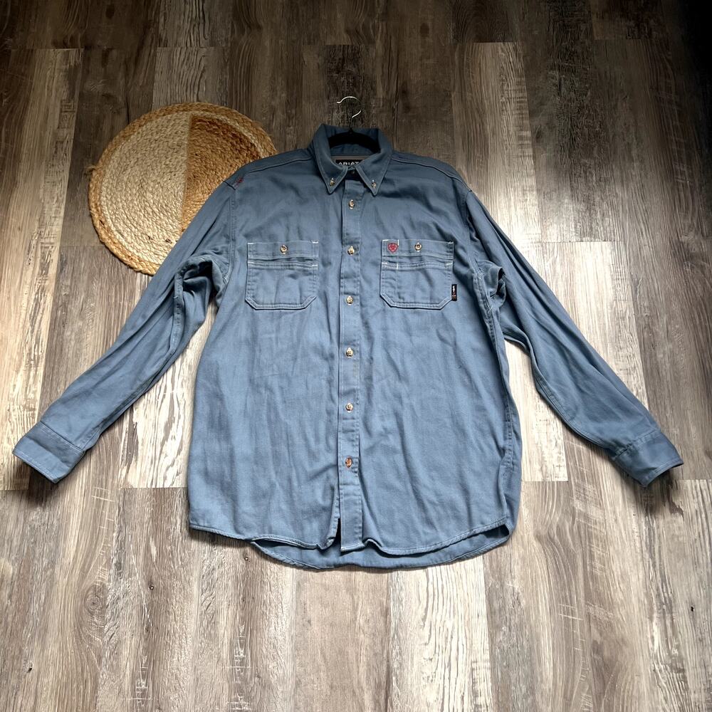 ARIAT FR Mens Work Shirt Medium Steel Blue Flame Resistant Long Sleeve